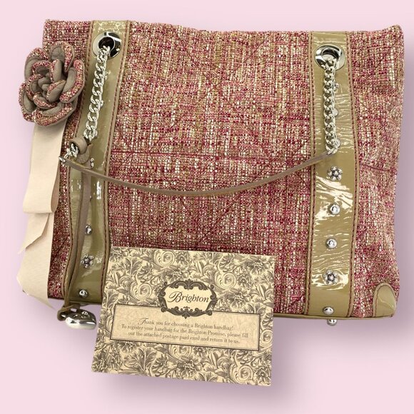 Brighton Josette Pink Tweed & Faux Leather Shoulder Bag With Flower Accent - Picture 1 of 9